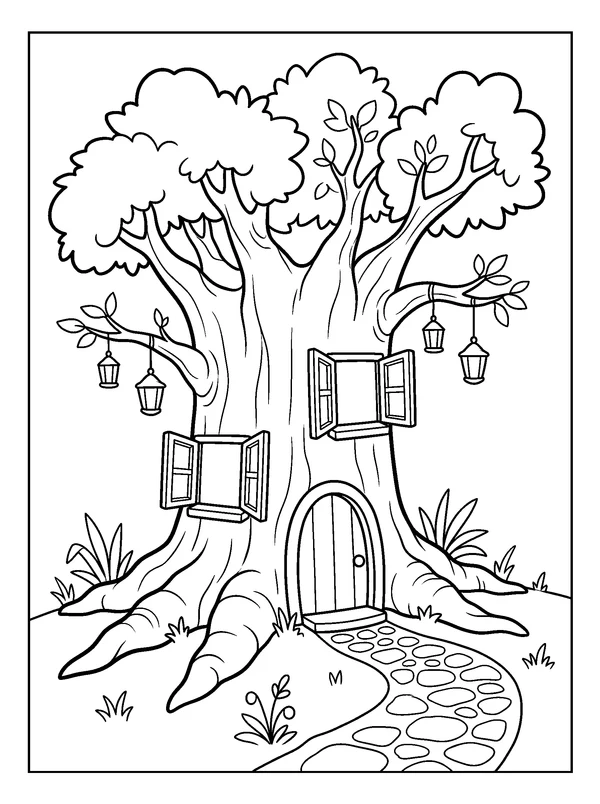 Treehouse Lantern Door — printable black-and-white coloring sheet