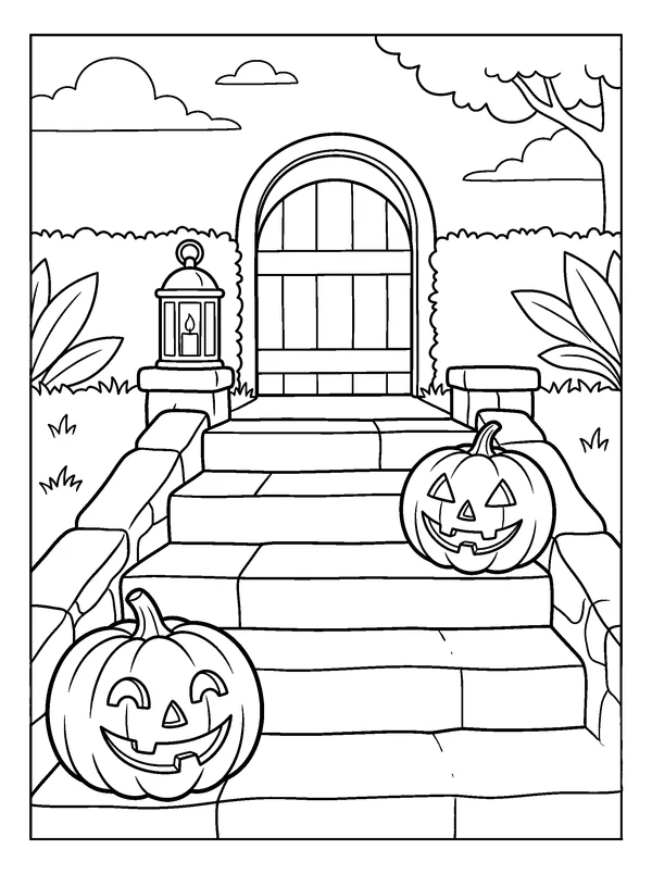 Lantern Stairway — printable black-and-white coloring sheet