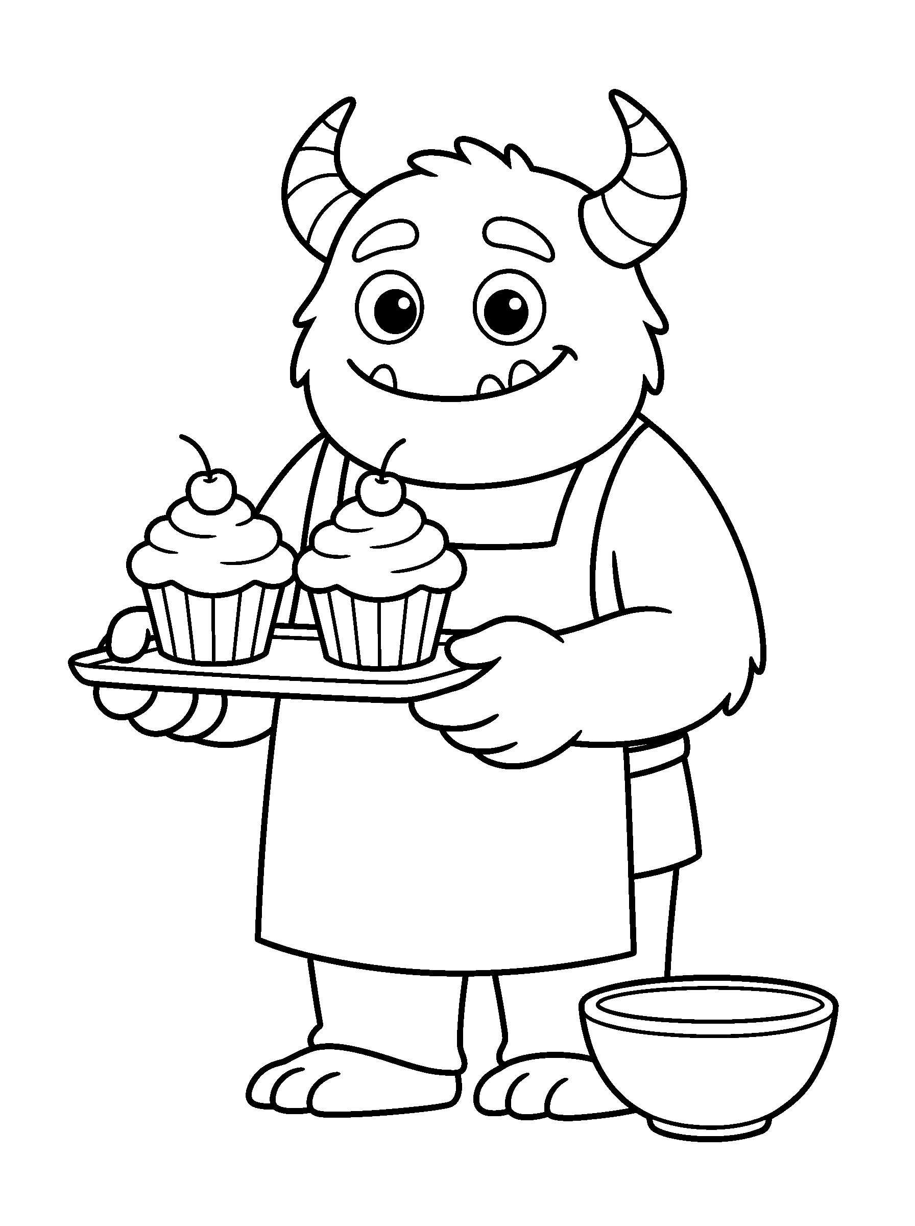 Monster Cupcake Baker — full black-and-white printable coloring page