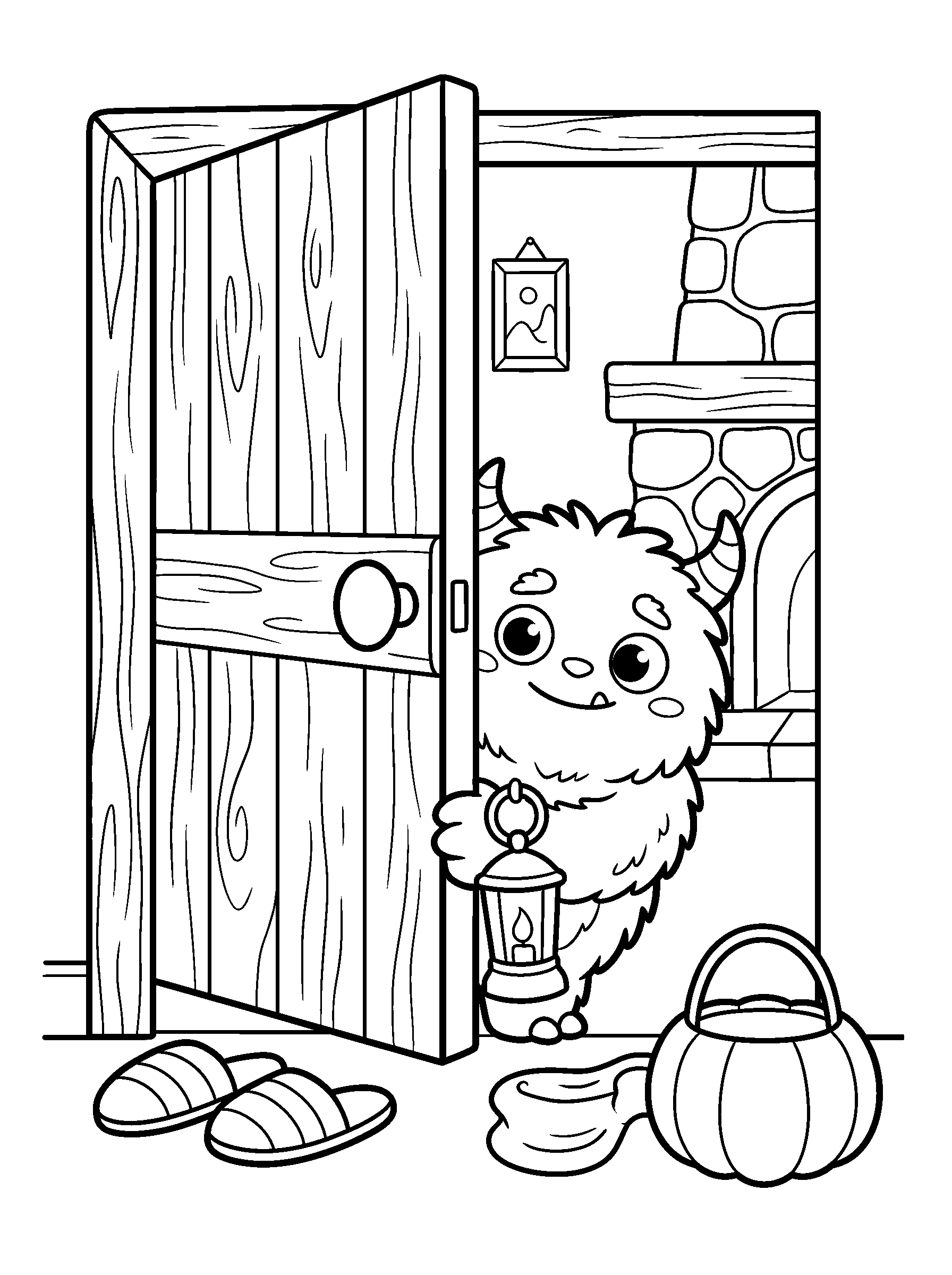 Friendly Monster Door — full black-and-white printable coloring page