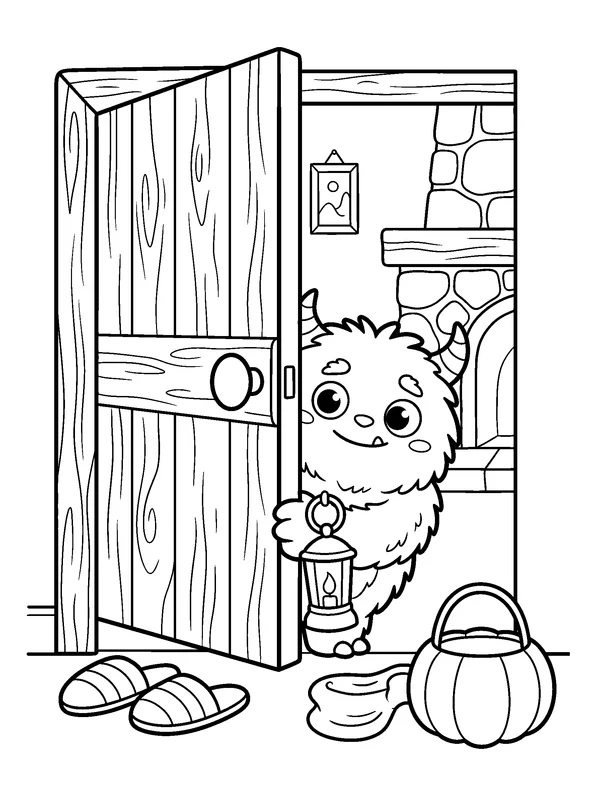 Friendly Monster Door — printable black-and-white coloring sheet