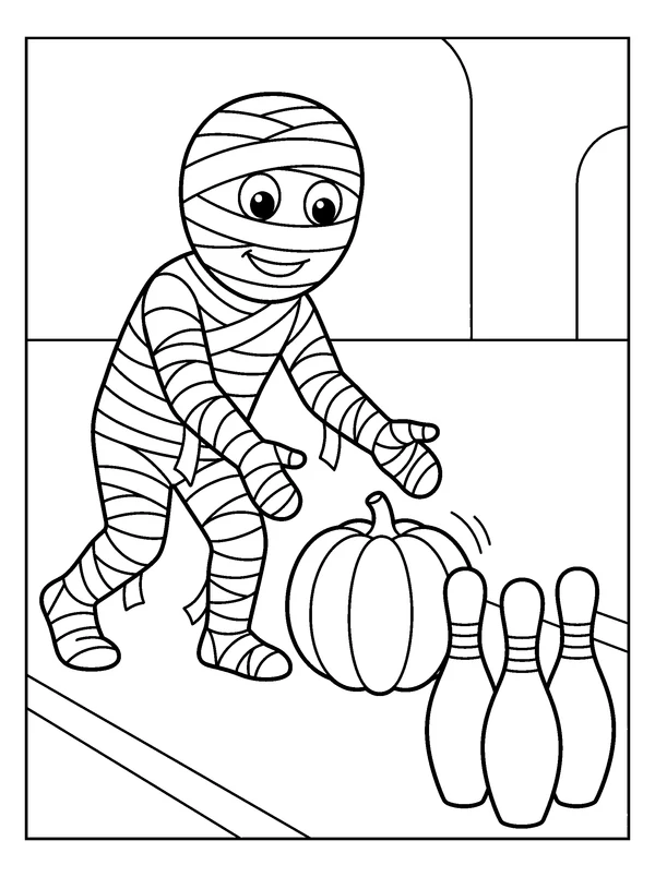 Mummy Bowling — printable black-and-white coloring sheet