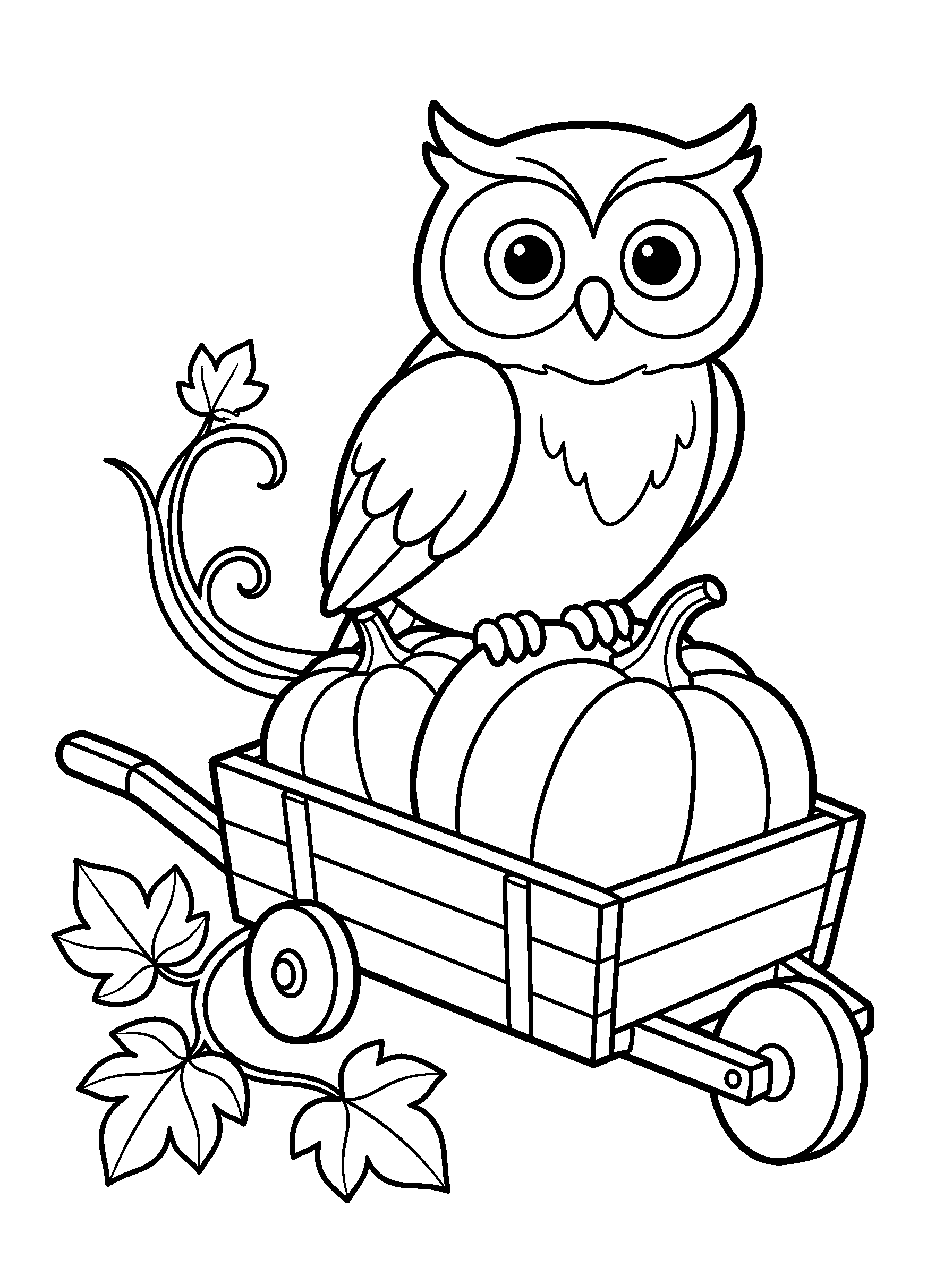 Owl Pumpkin Cart — full black-and-white printable coloring page