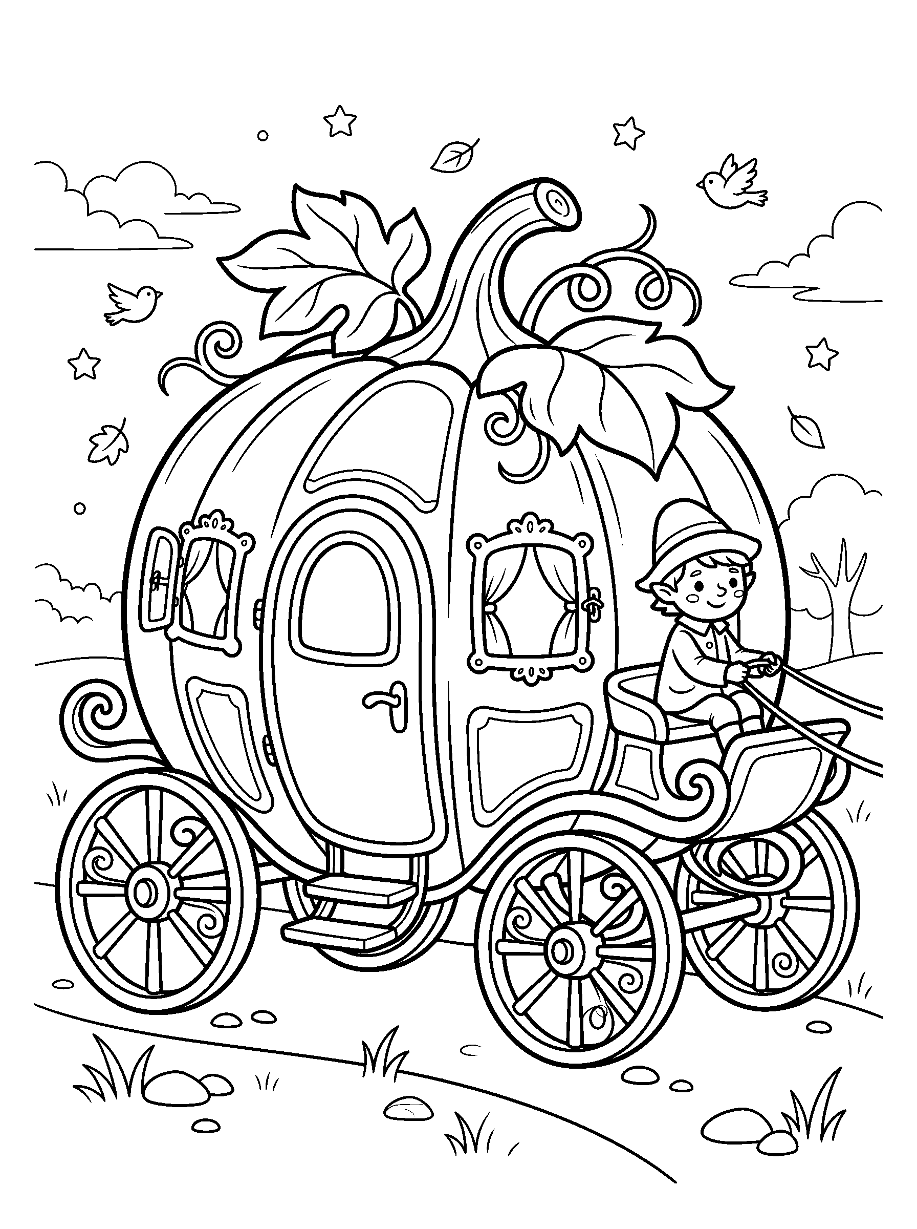 Pumpkin Carriage — full black-and-white printable coloring page