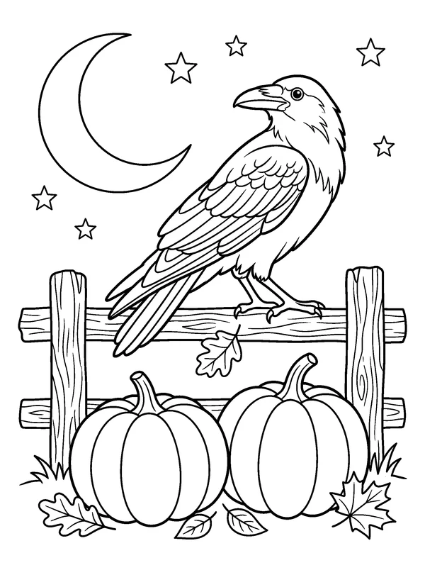 Raven on the Fence — printable black-and-white coloring sheet