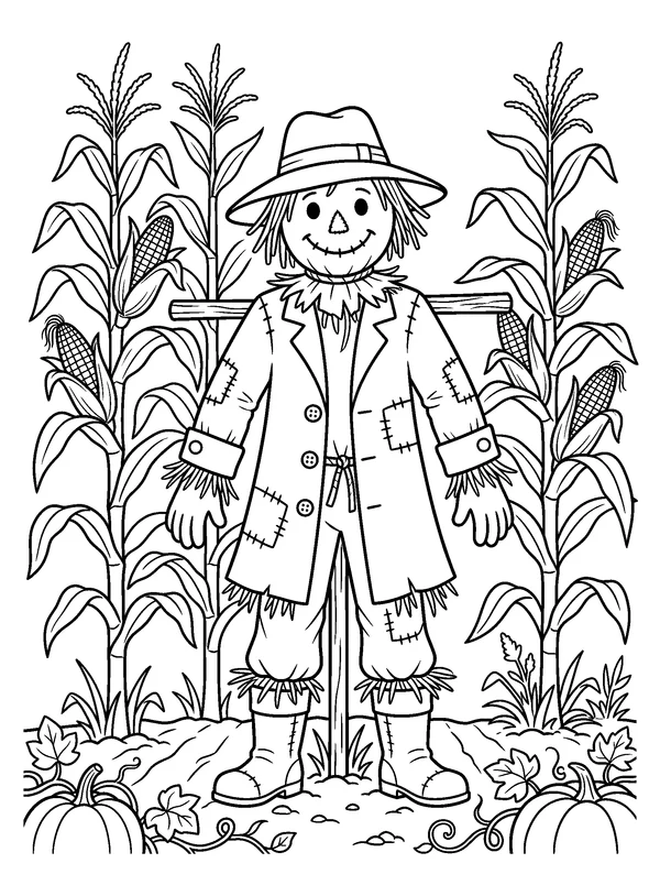 Scarecrow in the Corn — printable black-and-white coloring sheet