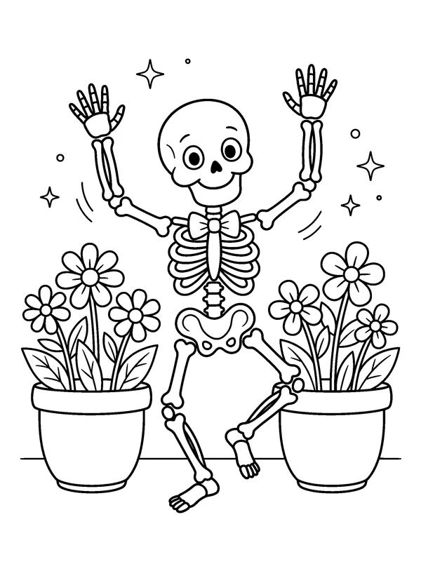 Skeleton Garden Dance — printable black-and-white coloring sheet