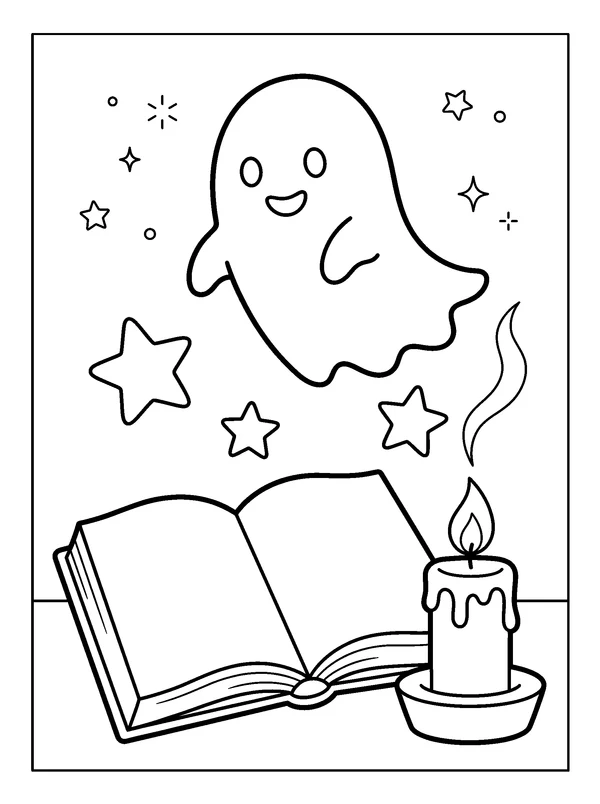 Storybook and Candle — printable black-and-white coloring sheet