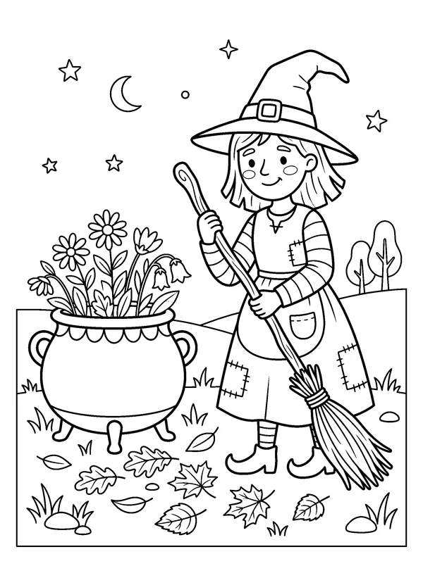 Witch Garden Sweep — printable black-and-white coloring sheet