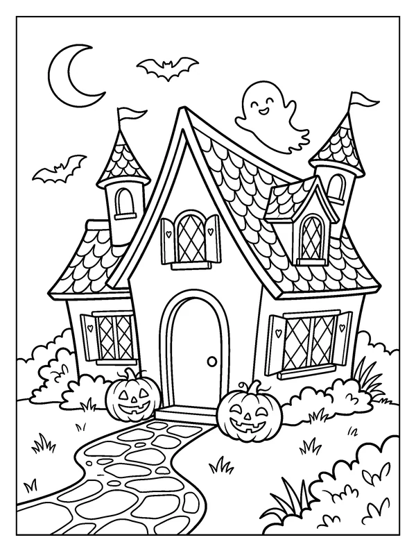Friendly Haunted House — printable black-and-white coloring sheet