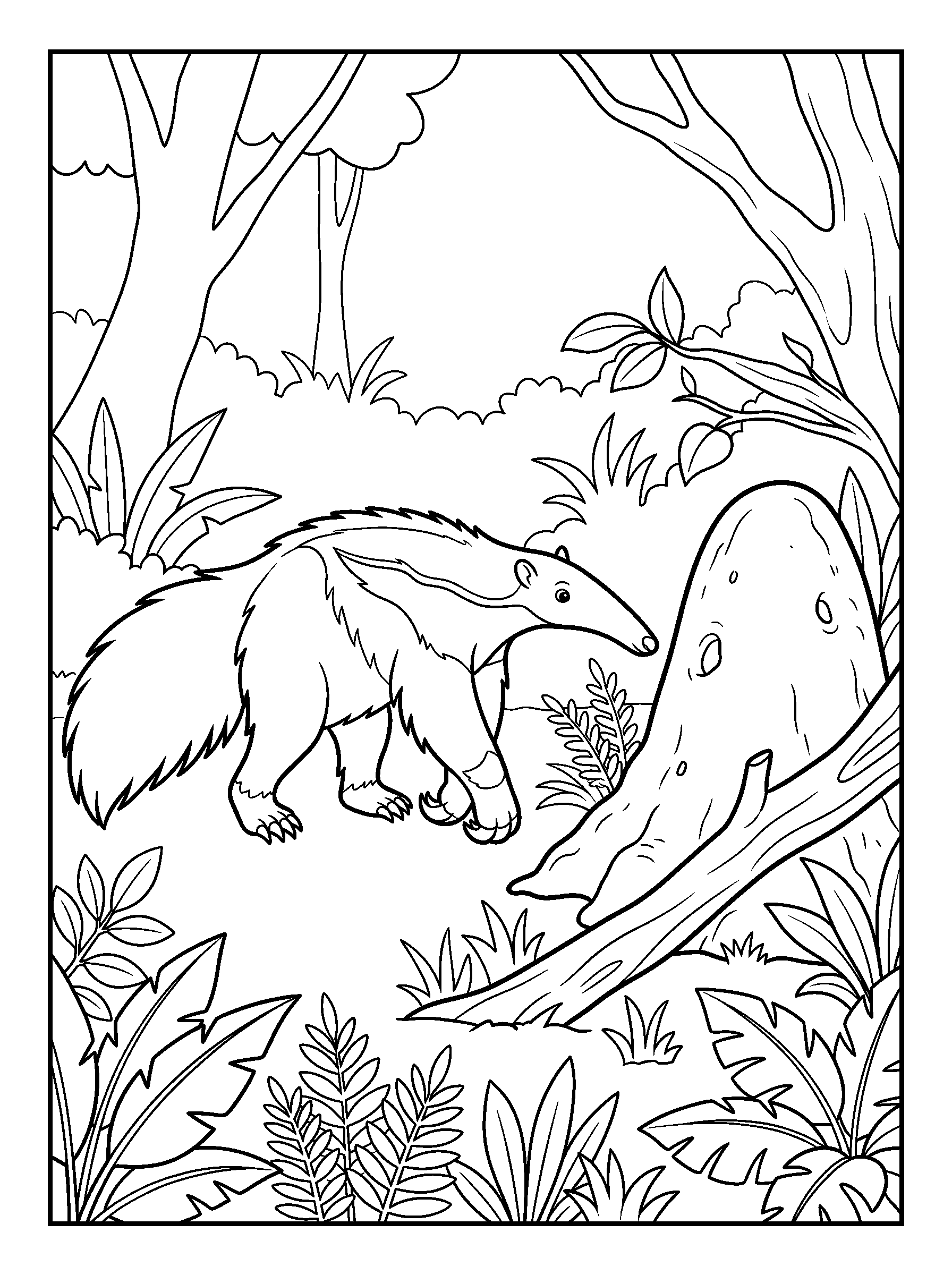Anteater at the Termite Mound — full black-and-white printable coloring page