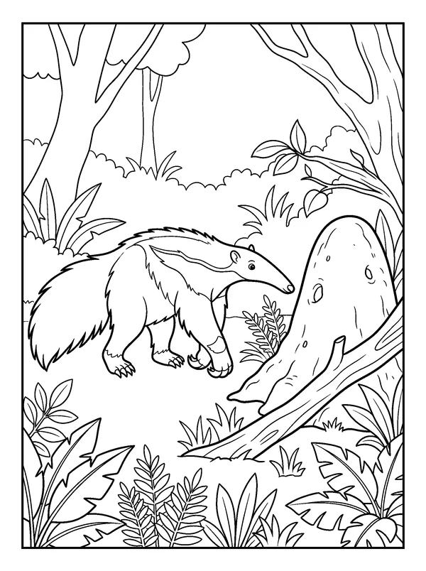 Anteater at the Termite Mound — printable black-and-white coloring sheet