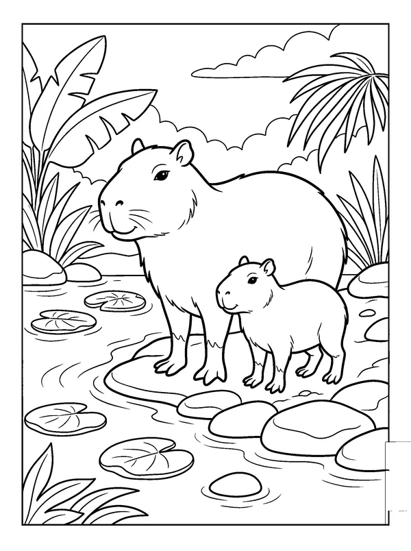 Capybara at the Riverbank — printable black-and-white coloring sheet