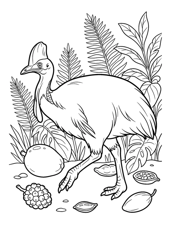 Cassowary Beside Fallen Fruit — printable black-and-white coloring sheet