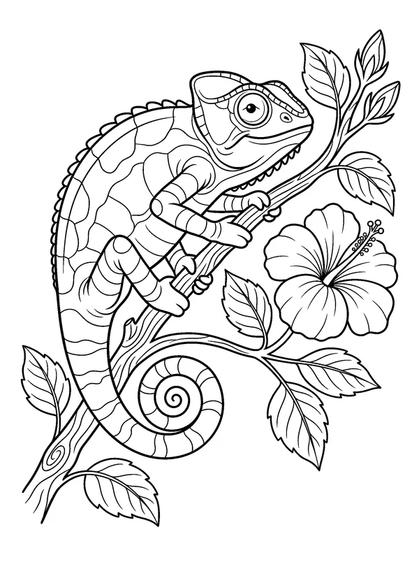 Chameleon on a Hibiscus Stem — printable black-and-white coloring sheet
