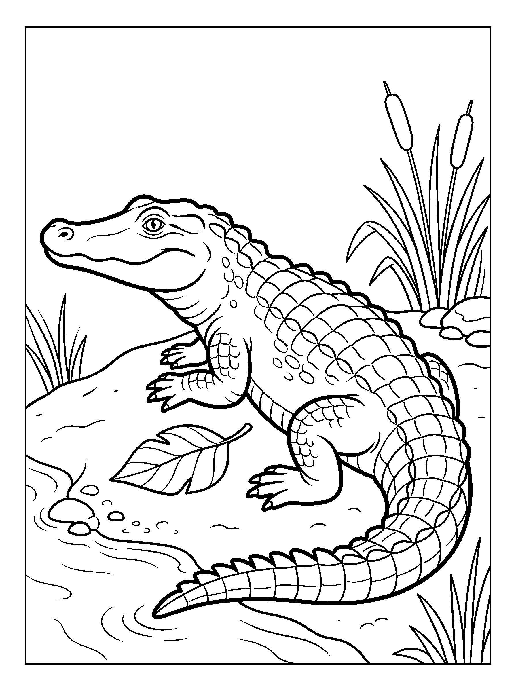 Crocodile on the Sandy Bank — full black-and-white printable coloring page