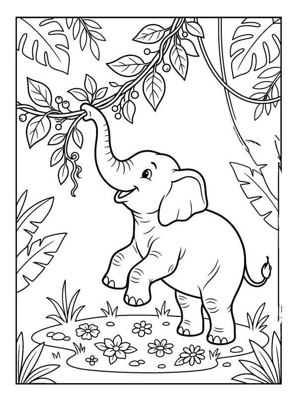 Elephant Under the Vines — printable black-and-white coloring sheet