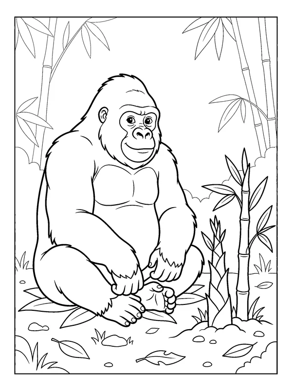 Gorilla in the Bamboo Clearing — printable black-and-white coloring sheet