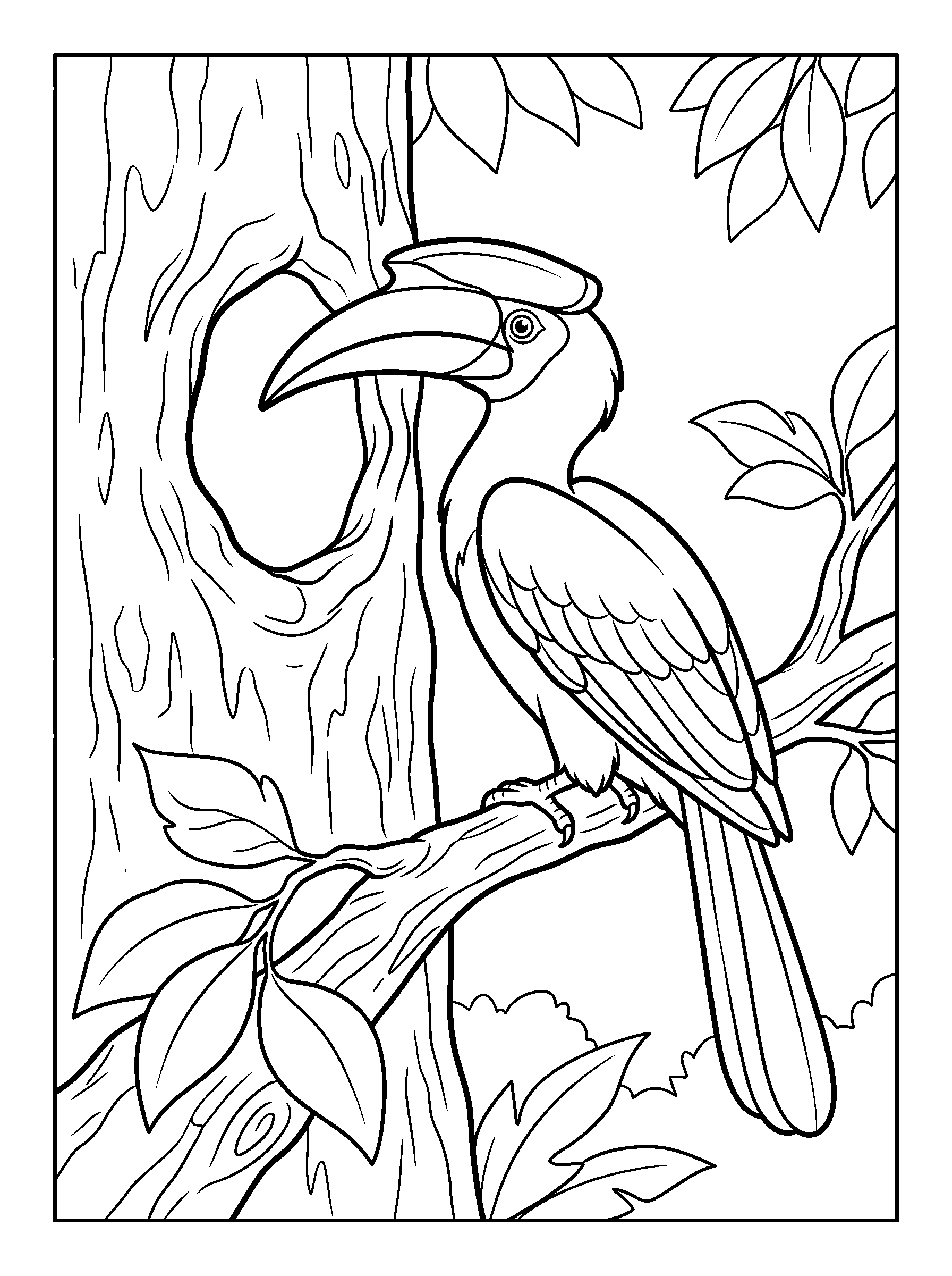 Hornbill at a Hollow Tree — full black-and-white printable coloring page