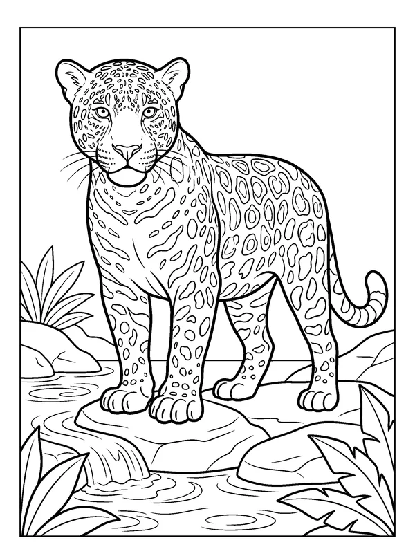 Jaguar by the Waterfall Pool — printable black-and-white coloring sheet
