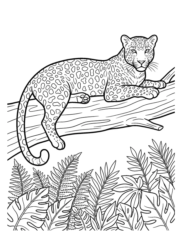 Leopard on a Fallen Trunk — printable black-and-white coloring sheet