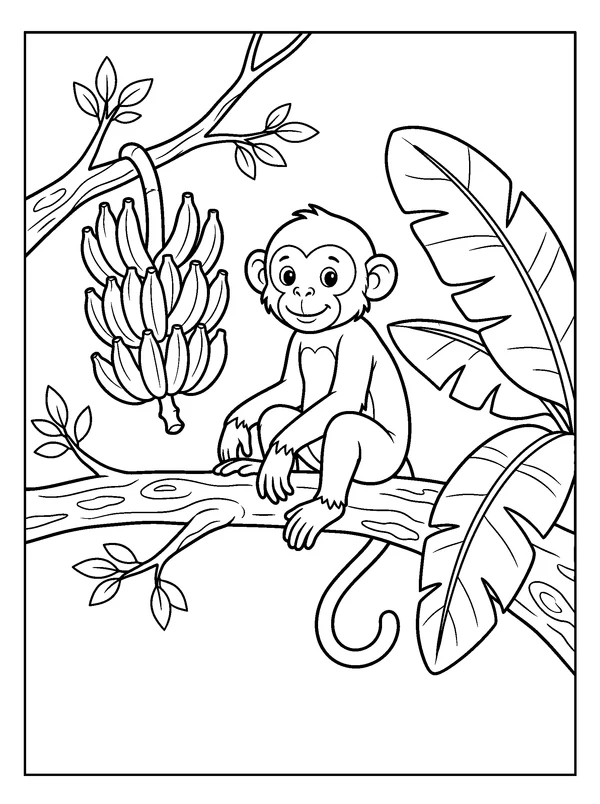 Monkey with a Banana Bunch — printable black-and-white coloring sheet