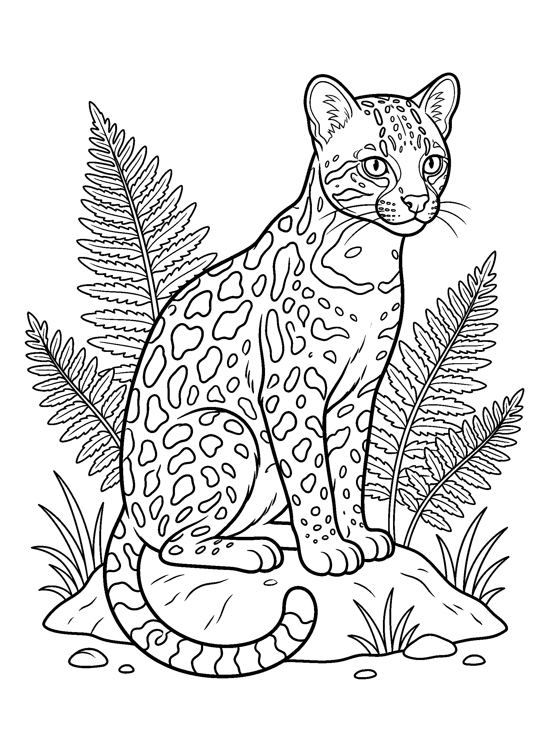 Ocelot Among the Ferns — full black-and-white printable coloring page