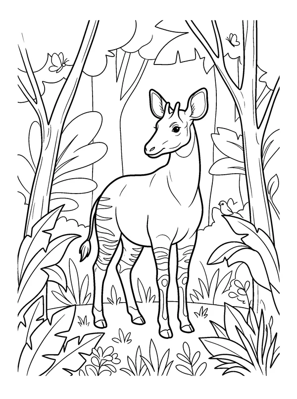 Okapi in a Leafy Clearing — printable black-and-white coloring sheet