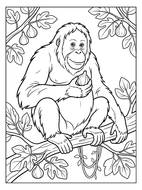 Orangutan in a Fig Tree — printable black-and-white coloring sheet