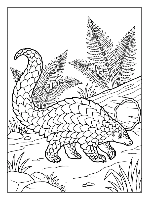 Pangolin on the Forest Floor — printable black-and-white coloring sheet