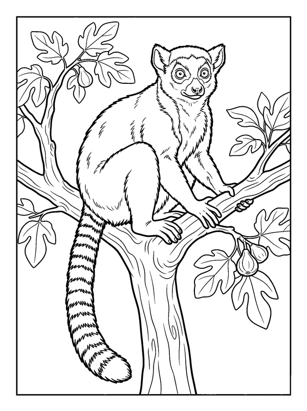 Ring-Tailed Lemur Among Figs — printable black-and-white coloring sheet