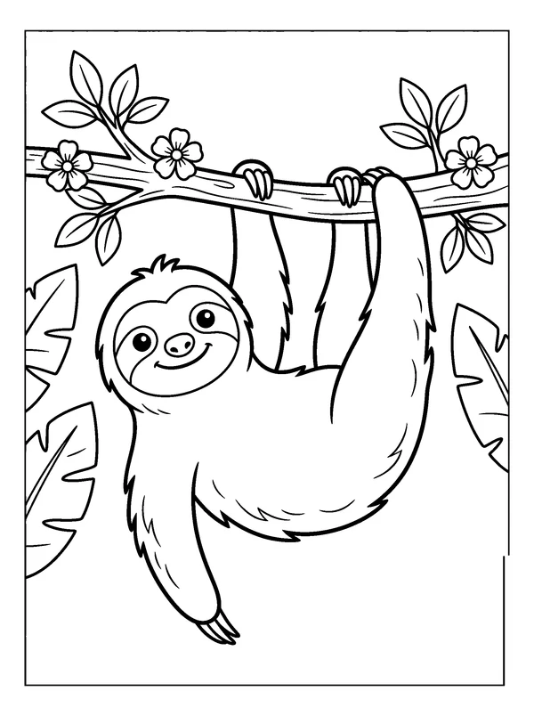 Sloth on a Flowering Branch — printable black-and-white coloring sheet