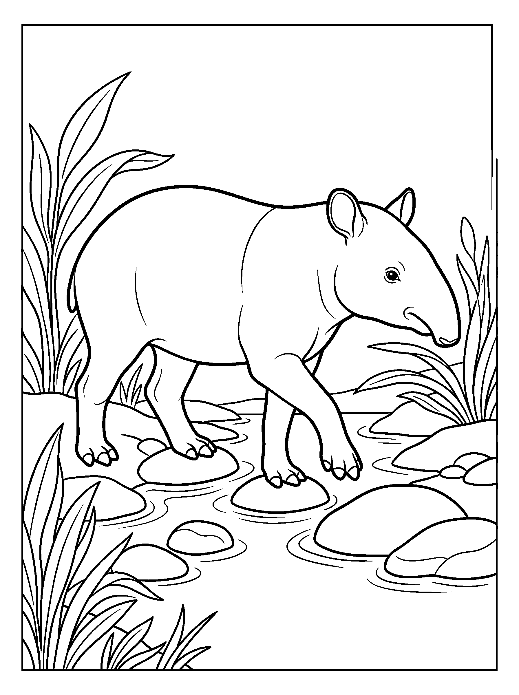 Tapir Crossing a Shallow Stream — full black-and-white printable coloring page