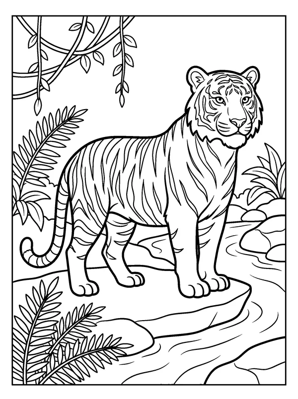 Tiger Beside the Jungle Stream — printable black-and-white coloring sheet