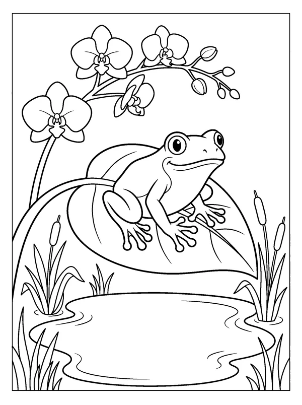Tree Frog on a Broad Leaf — printable black-and-white coloring sheet