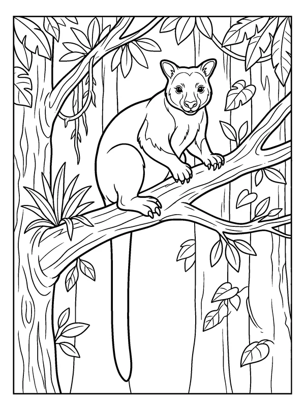 Tree Kangaroo on a Low Branch — printable black-and-white coloring sheet