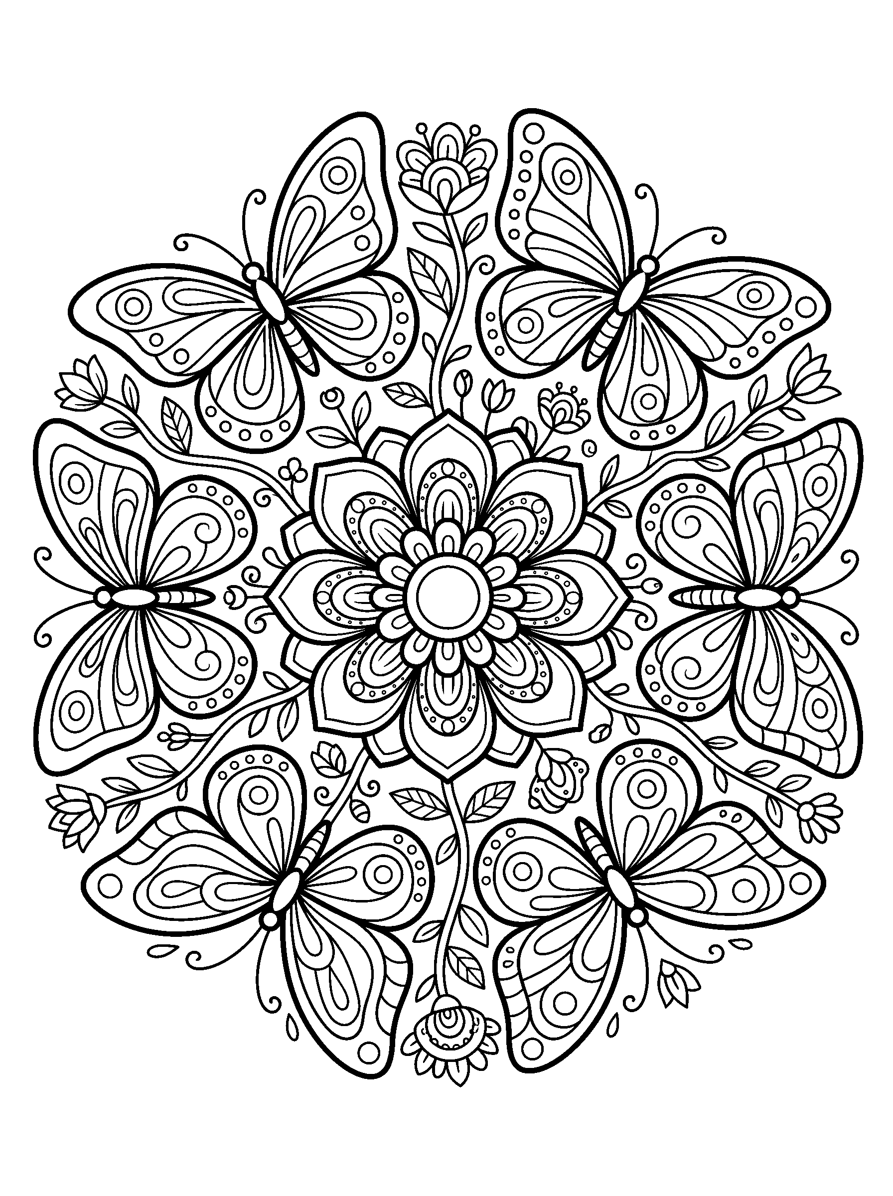 Butterfly Garden Mandala — full black-and-white printable coloring page