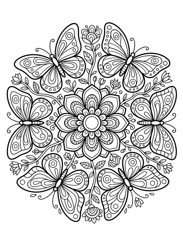 Butterfly Garden Mandala — printable black-and-white coloring sheet