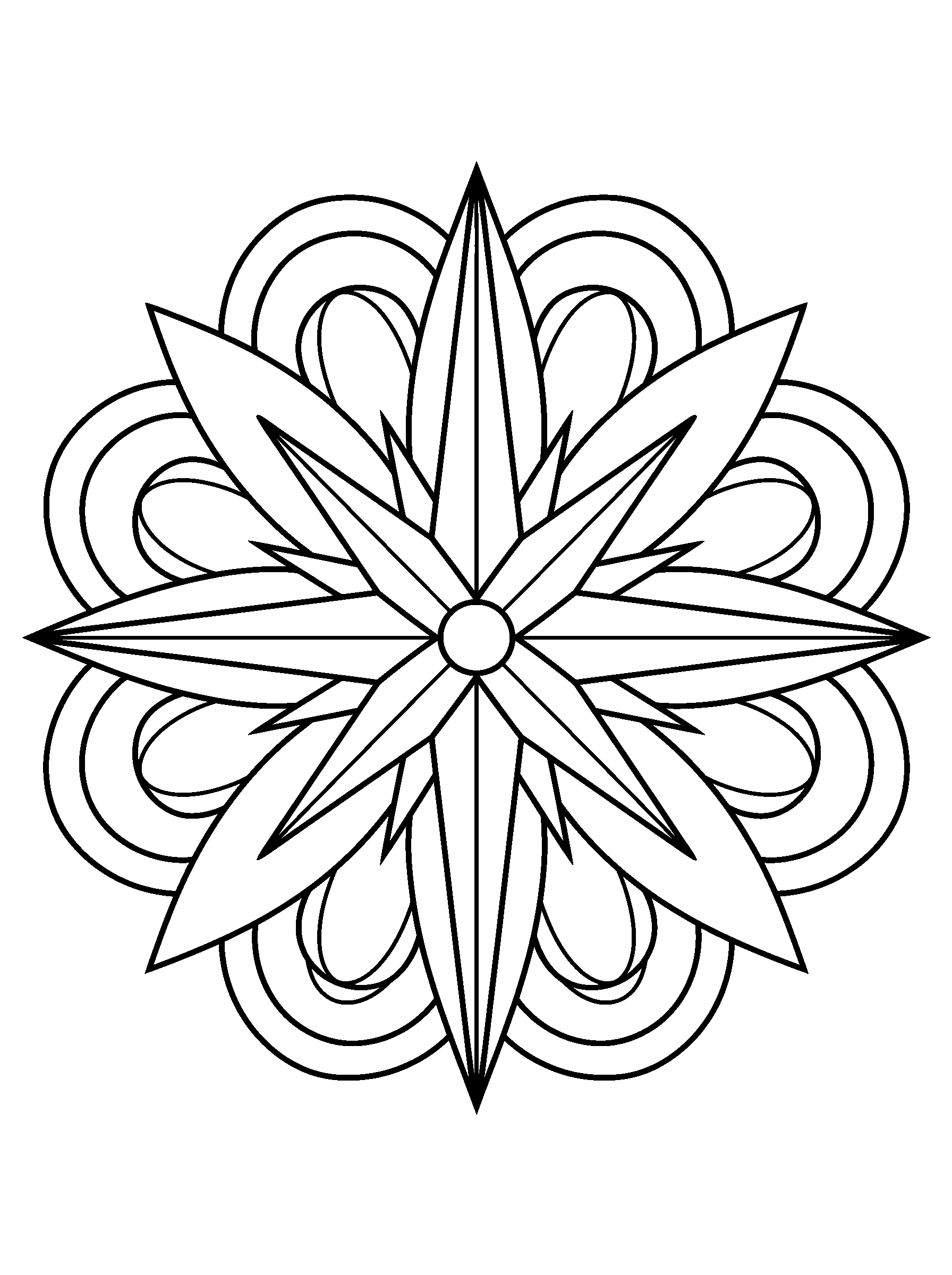 Compass Star Mandala — full black-and-white printable coloring page