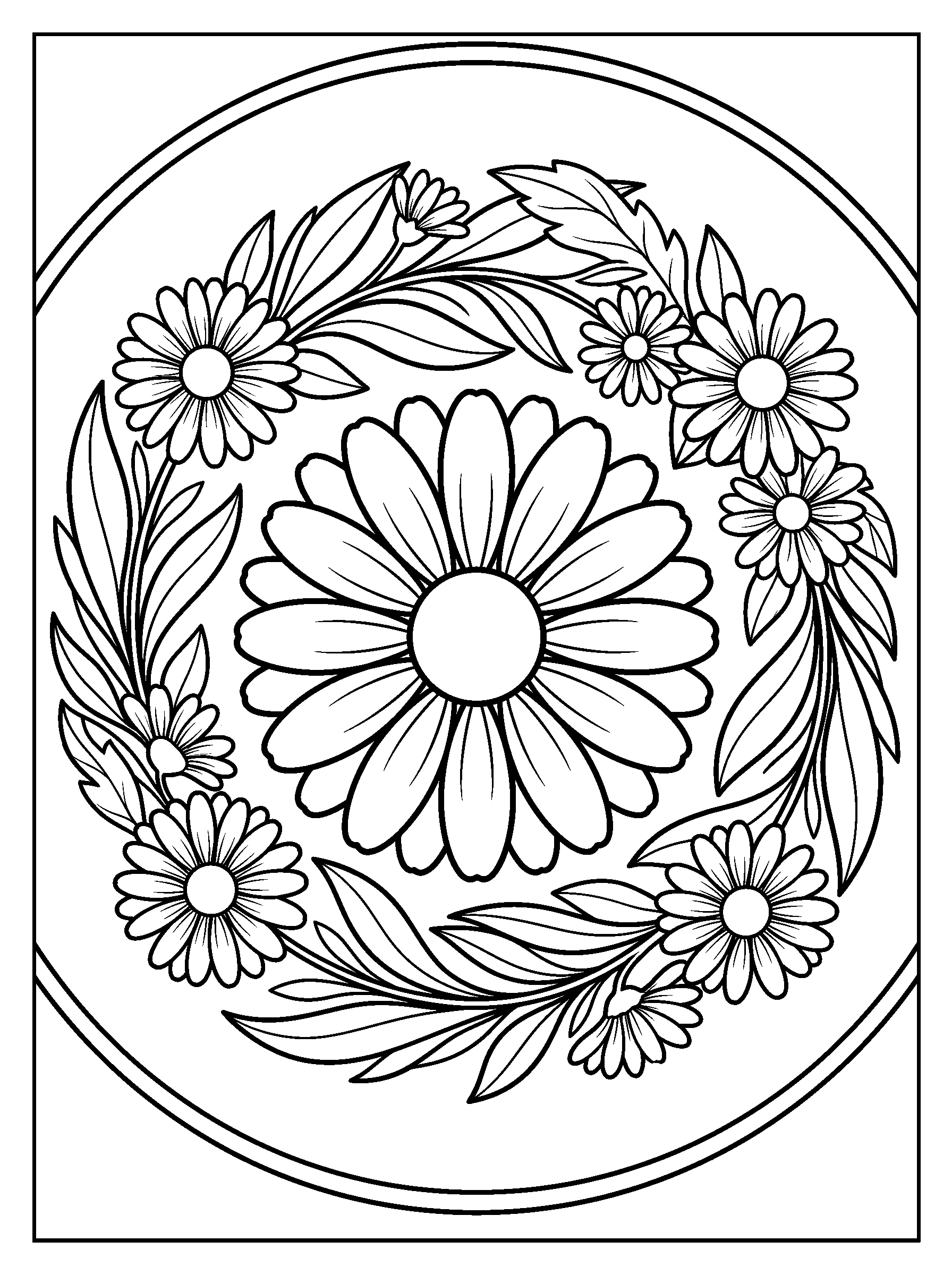 Daisy Orbit Mandala — full black-and-white printable coloring page