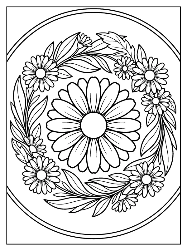 Daisy Orbit Mandala — printable black-and-white coloring sheet