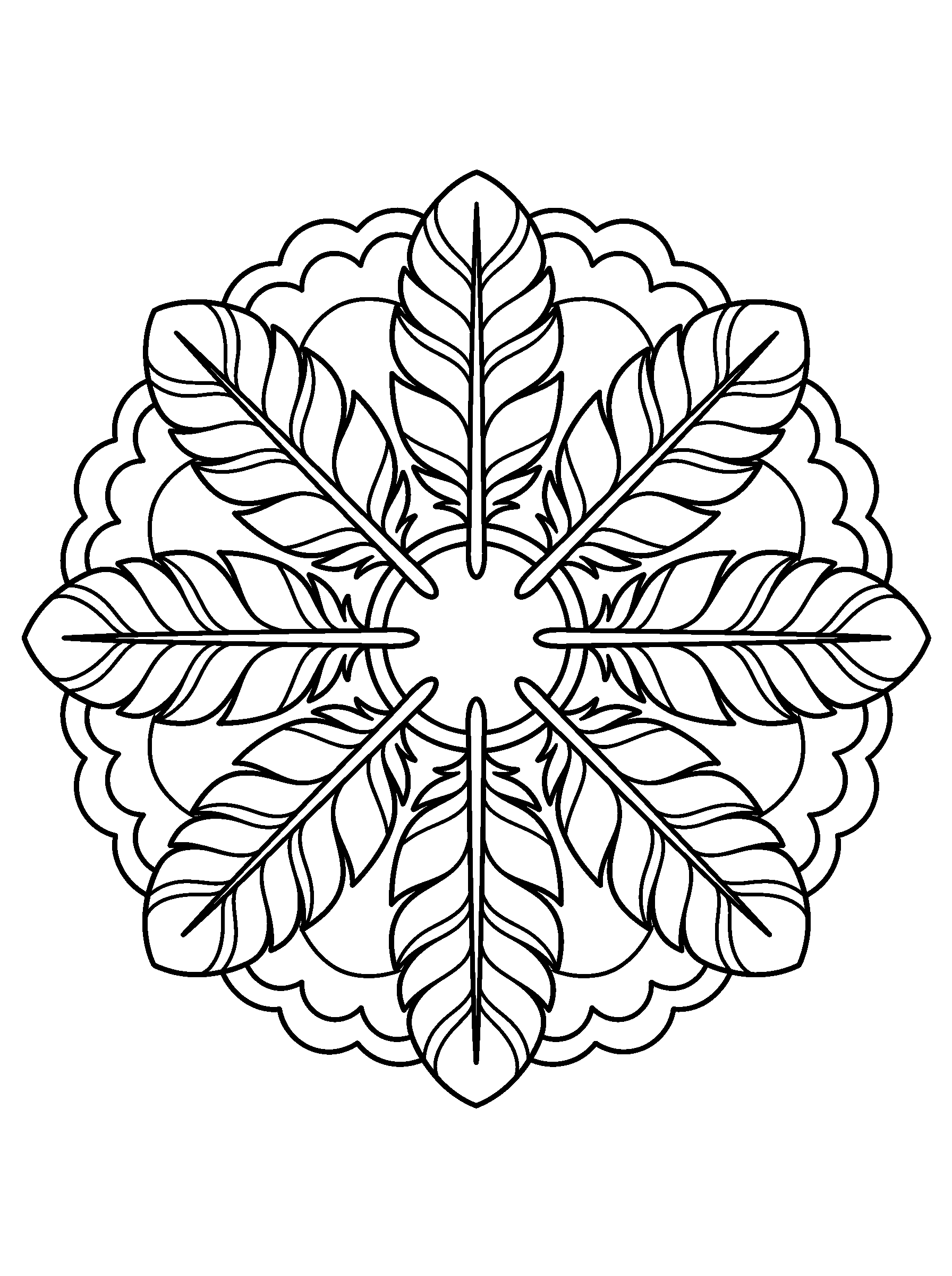 Feather Fan Mandala — full black-and-white printable coloring page