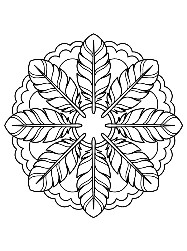 Feather Fan Mandala — printable black-and-white coloring sheet