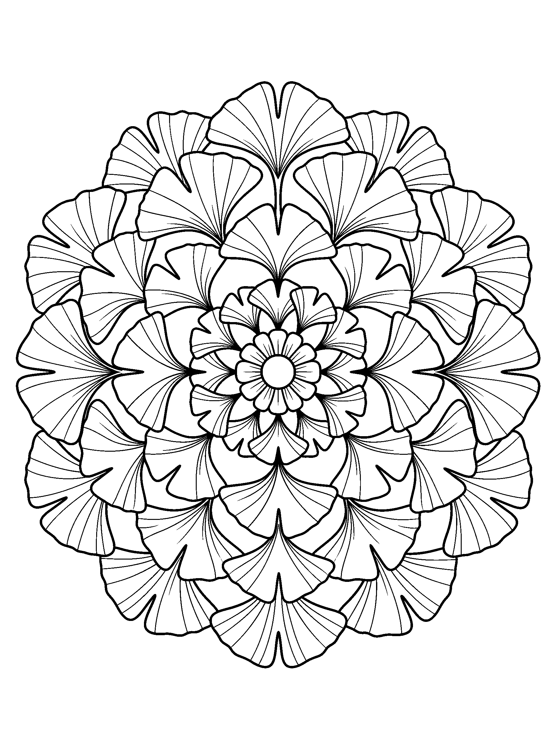 Ginkgo Fan Mandala — full black-and-white printable coloring page