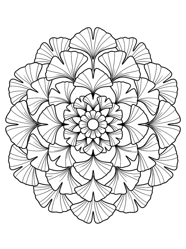 Ginkgo Fan Mandala — printable black-and-white coloring sheet