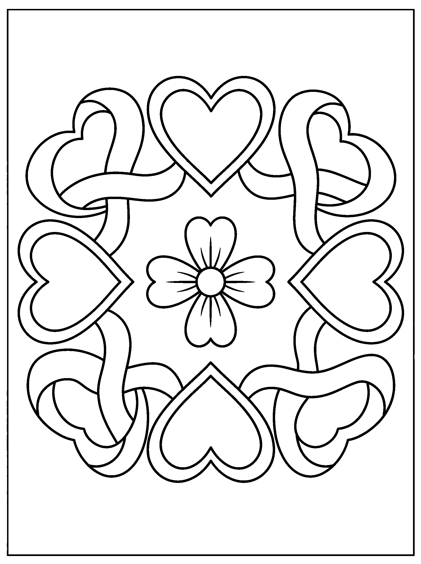 Heart Ribbon Mandala — full black-and-white printable coloring page