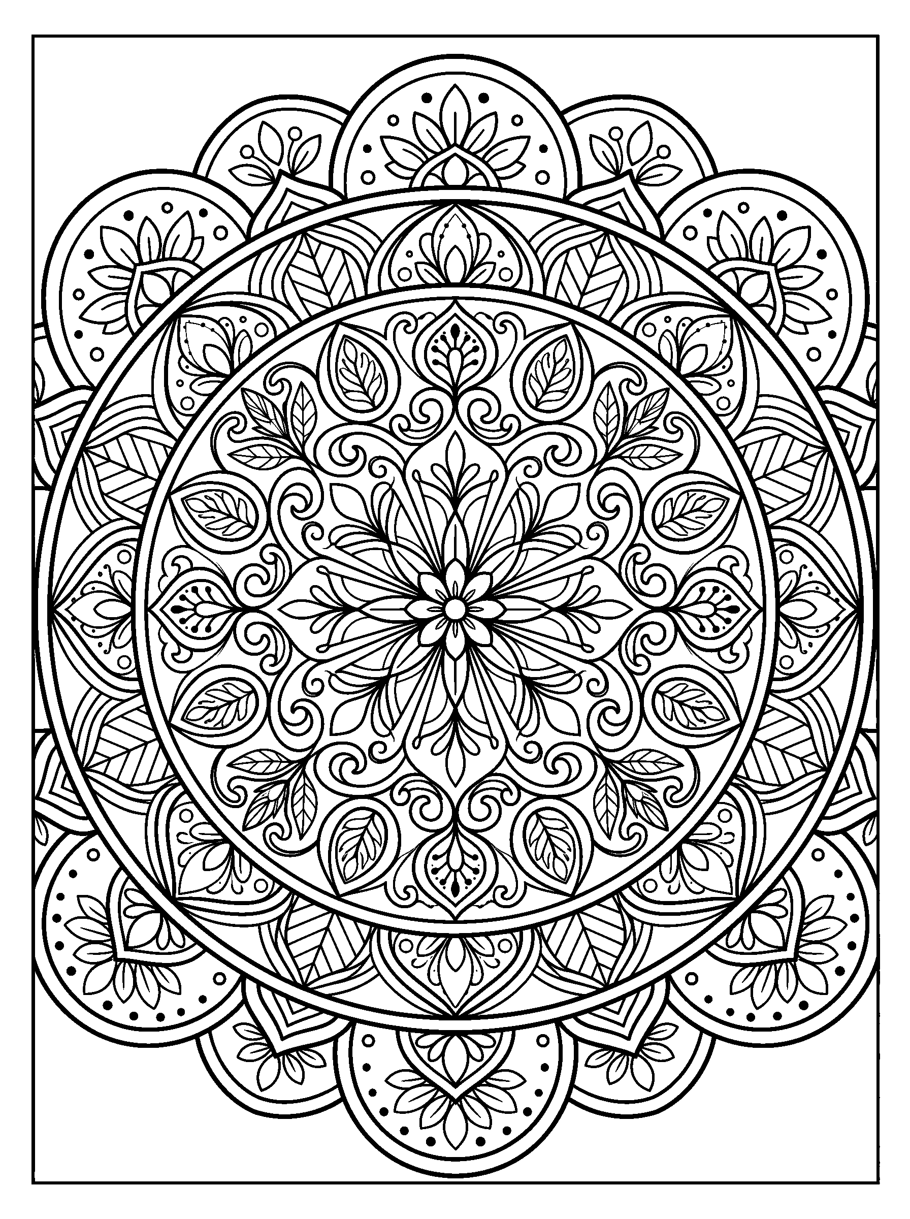 Interlocking Circle Mandala — full black-and-white printable coloring page
