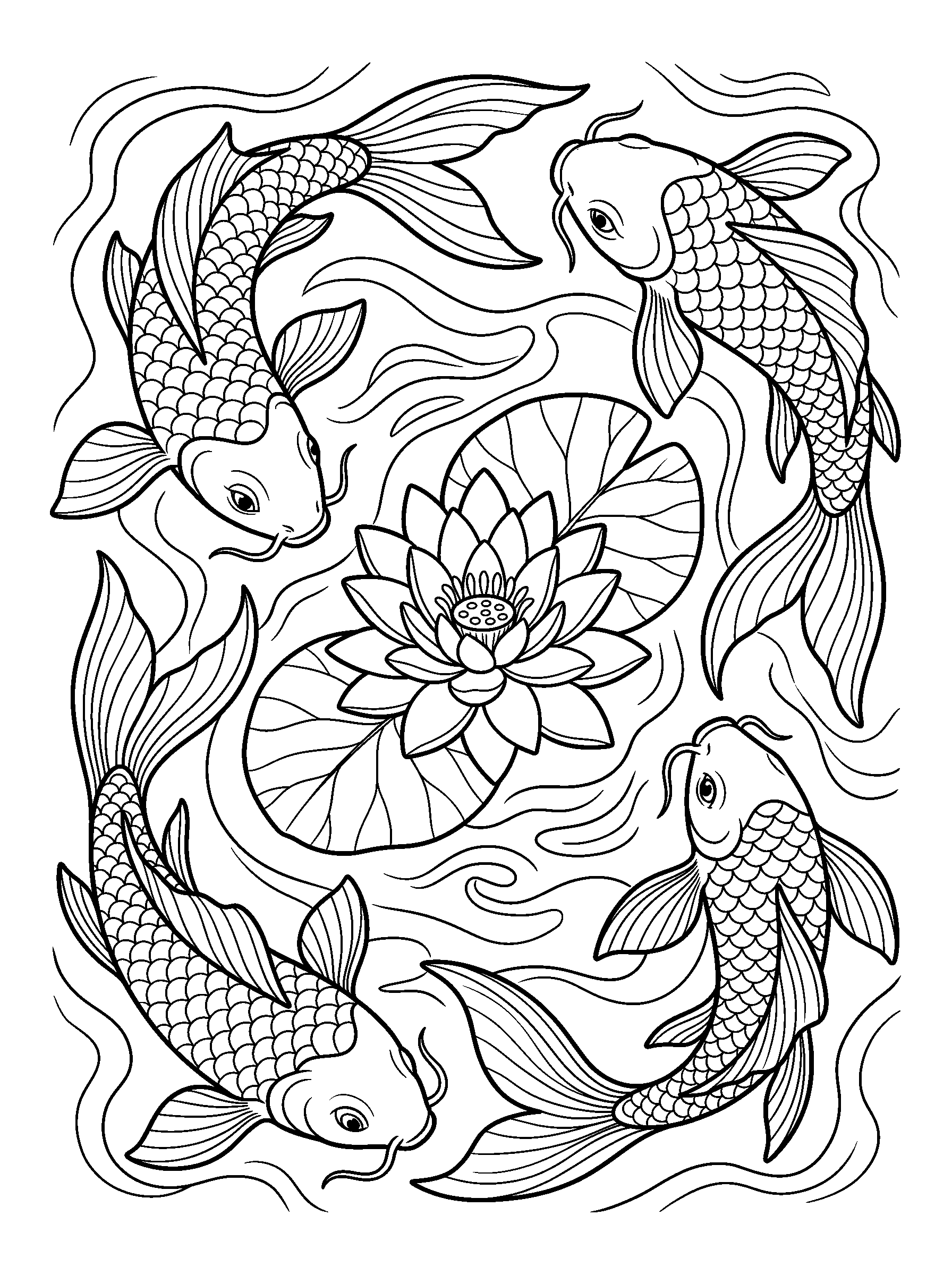 Koi Current Mandala — full black-and-white printable coloring page