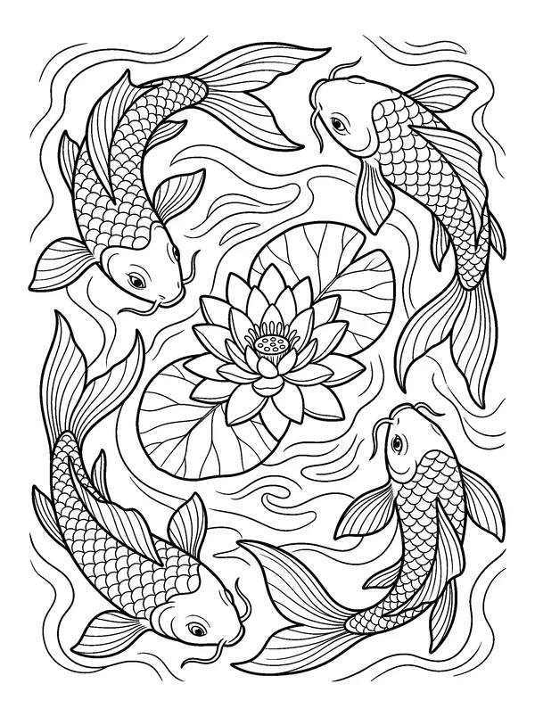 Koi Current Mandala — printable black-and-white coloring sheet