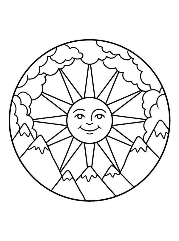 Mountain Sunrise Mandala — printable black-and-white coloring sheet